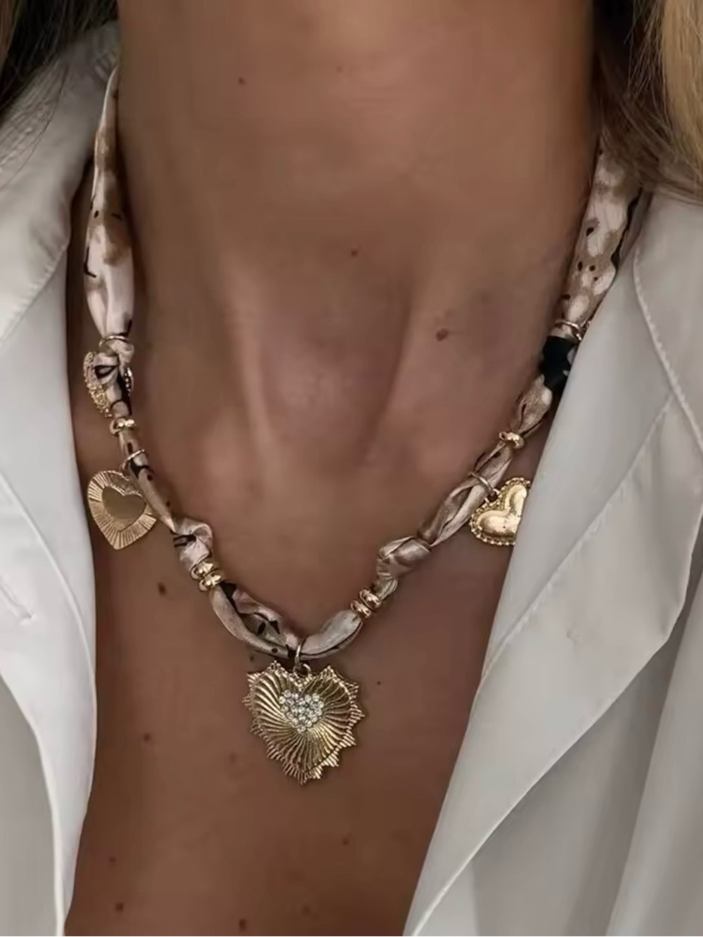 Gold Heart Pendant Necklace with Beige Satin Scarf